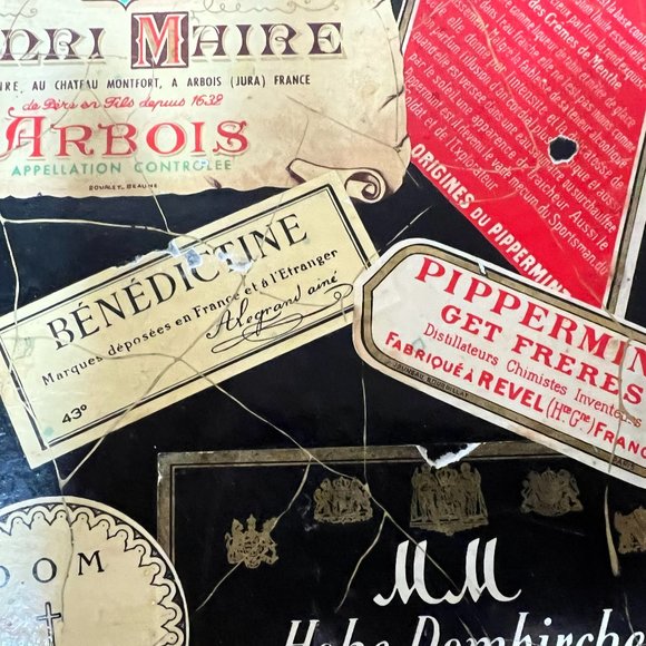 Vintage Mid Century French Wine and Liquor Label Decoupage Black Tray Distressed - Picture 4 of 8